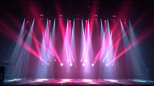 Stage illuminated by multiple spotlights casting vibrant pink and blue beams of light downwards onto an empty performance area