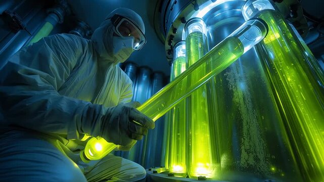 Scientist in protective suit working with glowing reactor fuel rods inside a nuclear facility, highlighting advanced nuclear technology, safety protocols, and clean energy research.