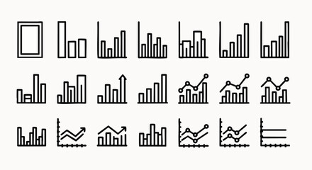 Obraz premium Comprehensive collection of modern outline chart and graph icons for data analysis, business reports, financial statistics, and growth presentations.
