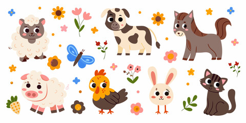 Obraz premium A colorful cartoon illustration of farm animals flowers and a butterfly