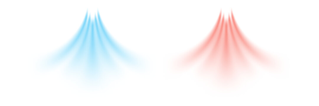 Cool airflow and warm air flow appear as soft blue and red gradients spreading downward. Colors create smooth motion effect on clean white background. Modern realistic vector illustration.