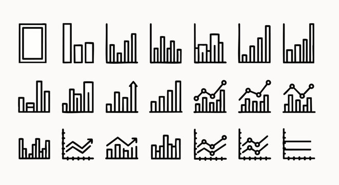 Comprehensive collection of modern outline chart and graph icons for data analysis, business reports, financial statistics, and growth presentations.