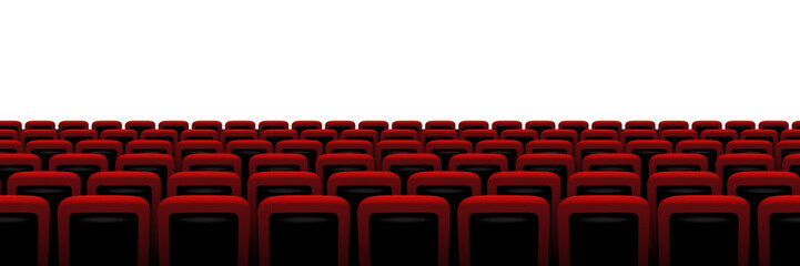 Fototapeta premium Cinema, theater chair screen background with rows of red velvet seats facing bright empty space. Movie atmosphere created by deep shadows and clean perspective. Seamless realistic vector illustration.