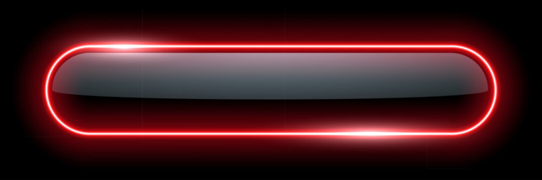 Neon glow light rounded rectangle frame. Led rectangular game button. Red light outline on black with soft luminous effect. Futuristic UI element. Modern colorful geometric vector illustration.