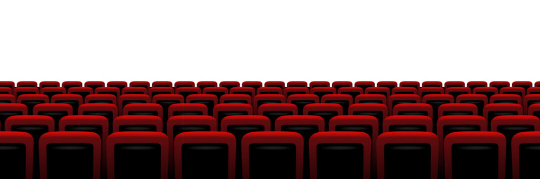 Cinema, theater chair screen background with rows of red velvet seats facing bright empty space. Movie atmosphere created by deep shadows and clean perspective. Seamless realistic vector illustration.