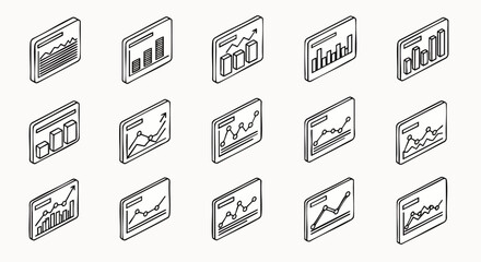 Isometric line art icons set of various data charts and graphs for business analytics, financial reporting, and statistical visualization. Modern vector illustration.