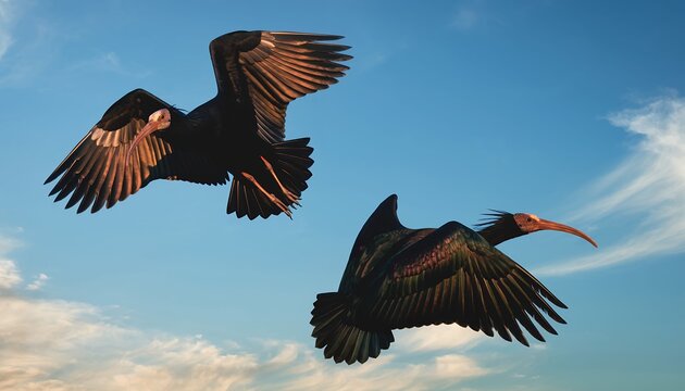 Bald ibises soaring gracefully against a vibrant blue sky with wispy clouds