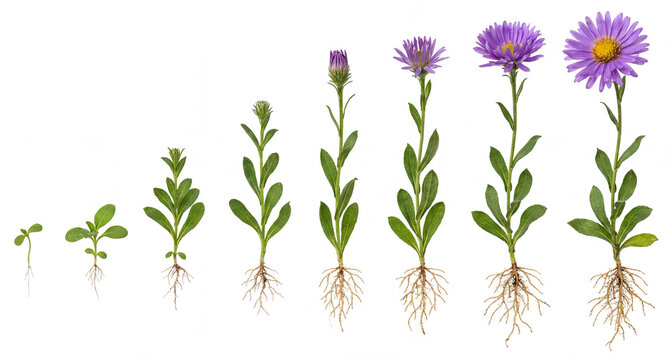 Aster (Aster) plant development stages showing roots and above-ground growth