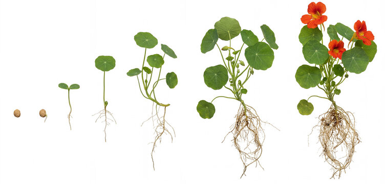 Nasturtium (Tropaeolum majus) growth stages with visible root system on white background
