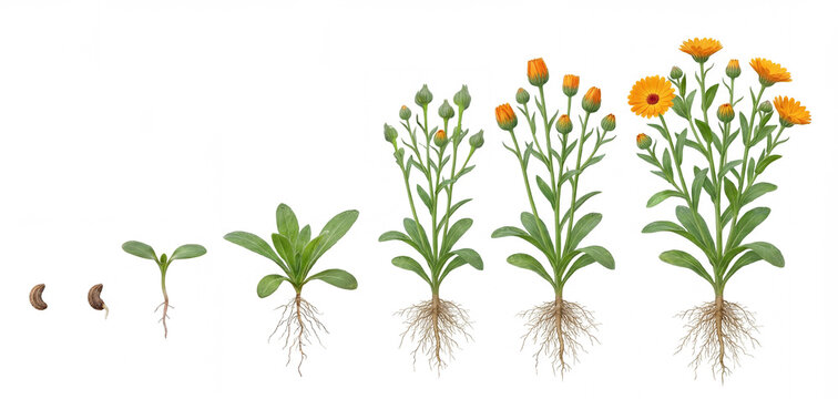 Botanical growth chart of Pot Marigold (Calendula officinalis) with root structure on white background