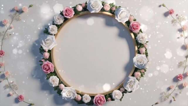 Elegant floral wreath frame design featuring pink and white roses on a soft background