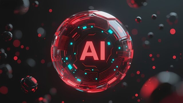 A futuristic red sphere with glowing AI text and circuit patterns, surrounded by floating orbs in a dark space.