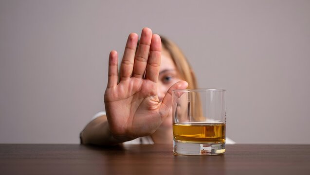Woman Refusing Alcohol - Stop Sign Gesture with Whiskey Glass