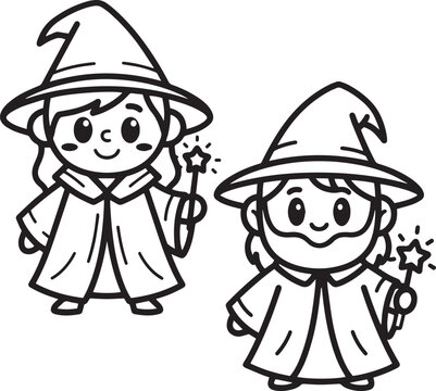 Cute wizard cartoon outline &ndash; Adorable friendly wizard characters line art vector illustration