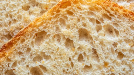 Closeup of bread crumb texture showing the air pockets and uneven surface in a well-baked loaf