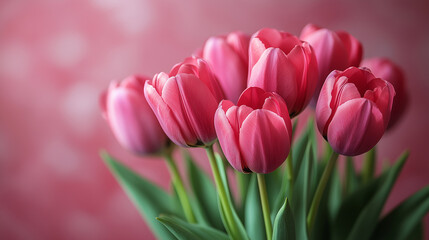 Fototapeta premium Pink tulips with gift. Mothers Day, Valentines Day, Birthday