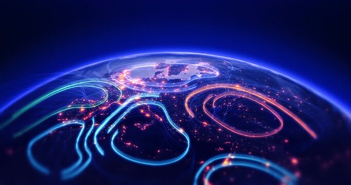 Futuristic global data transmission lines wrapping around planet Earth. Technology and digitalization related 3d animation.