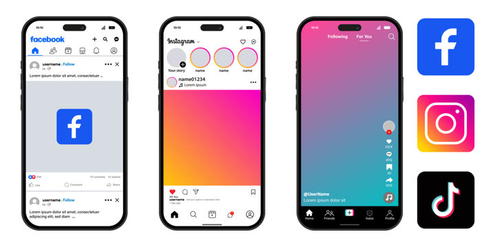 facebook, instagram,tiktok, Collection of modern smartphone screens displaying interfaces for popular social networking applications, paired with their respective app icons, isolated on a clean white 