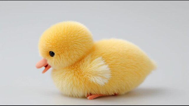 A small yellow duck toy makes sounds and moves in a playful way. The toy has soft fur and a bright orange beak. It captures attention with its cute design. Viewers can enjoy watching the duck as it wa