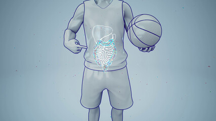 Conceptual 3D illustration of a basketball player and microbiome
