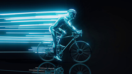 Conceptual 3D illustration of a cyclist motion design with trails