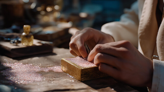 Professional restoration project where expert hands use hot melt glue to repair cherished vintage items, preserving memories. A detailed view of a vintage piece being lovingly reconstructed, with