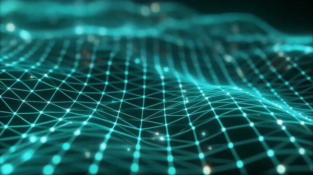 Turquoise grid pattern bending slightly floating soft luminescent nodes shimmering futuristic cinematic surreal ethereal ambience cascading softly glowing abstract unique style