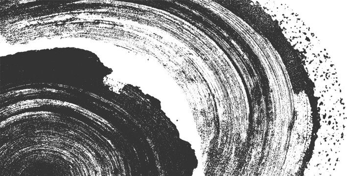 Dark charcoal brush strokes forming concentric circles on white background with textured edges abstract