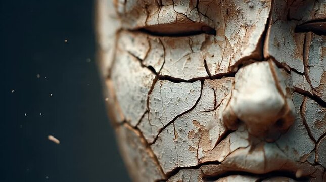Close-up of a weathered face with cracked skin and eyes closed