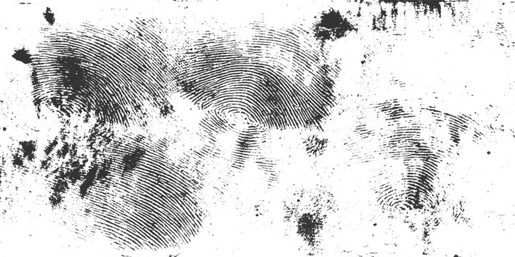 Multiple dark grey fingerprint impressions with textured white background and scattered dark speckles