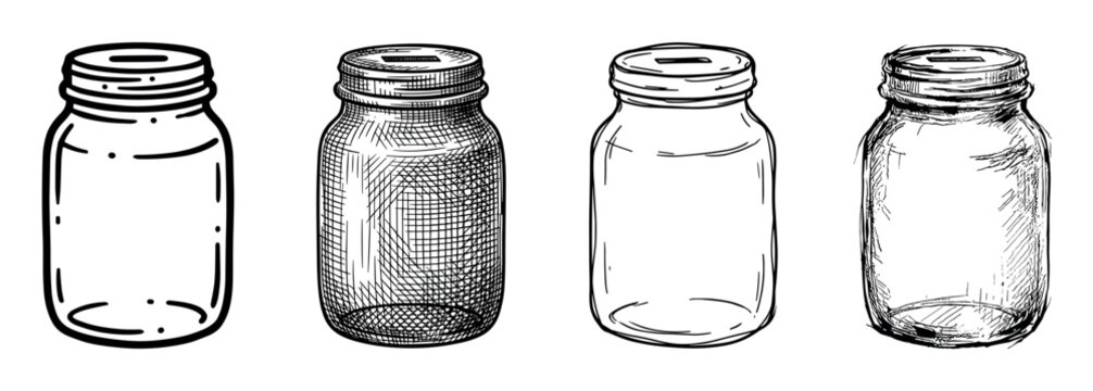 Four hand-drawn glass money jars with slots are illustrated in a black and white sketch style, showing different artistic techniques from simple line art to detailed cross-hatching