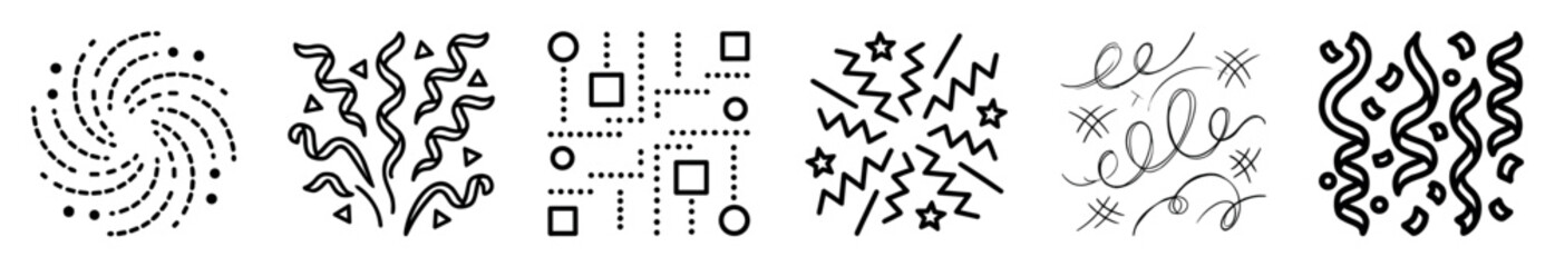 Obraz premium Set of six abstract black line art icons featuring confetti, fireworks, geometric patterns, and doodle scribbles for celebration and design concepts