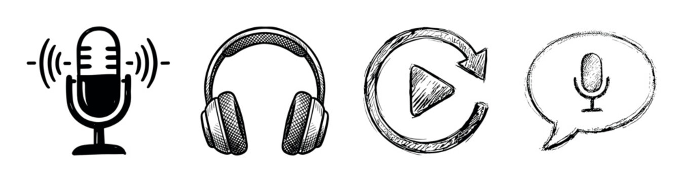 Set of hand-drawn podcast icons including a microphone, headphones, replay button, and speech bubble, created in a black and white sketch or doodle illustration style