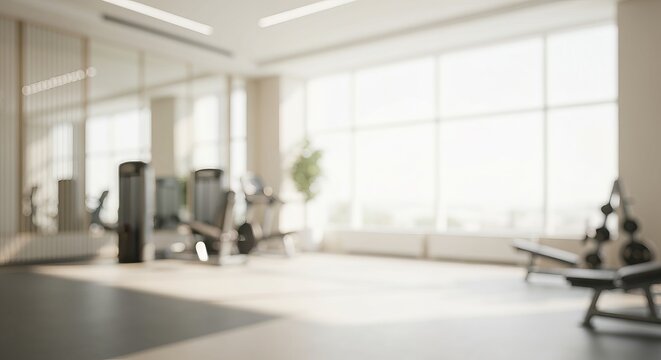 Minimalist gym interior featuring fitness equipment and soft daylight streaming through windows.