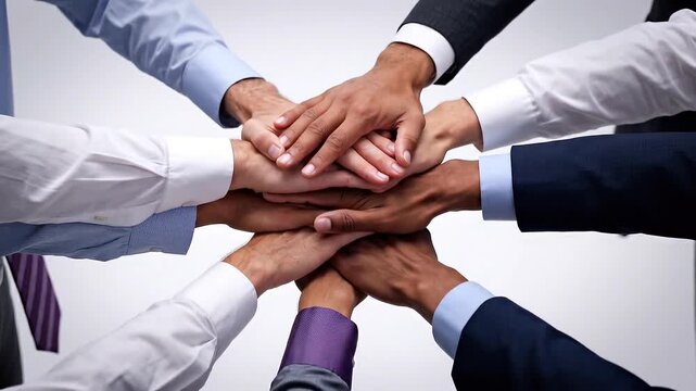 Diverse business team stacking hands together in unity on white background