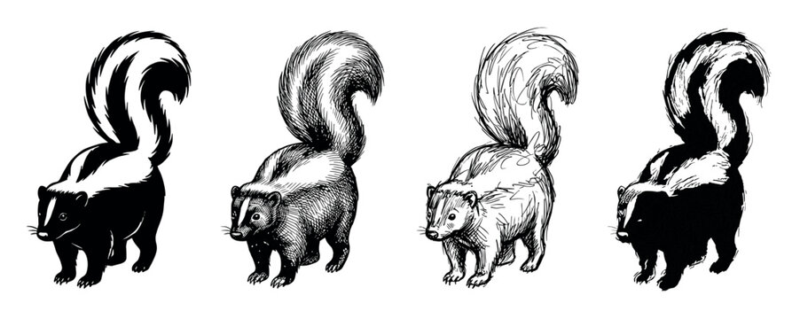 Collection of four hand-drawn skunks in various artistic styles, including detailed ink sketch, rough doodle, and clean graphic silhouette, showing a creative progression