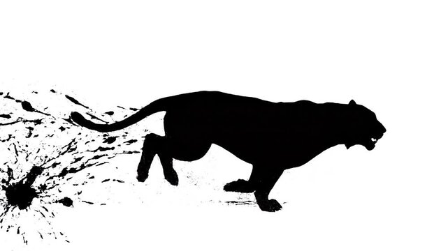 Black panther silhouette running with ink splash effect on white background
