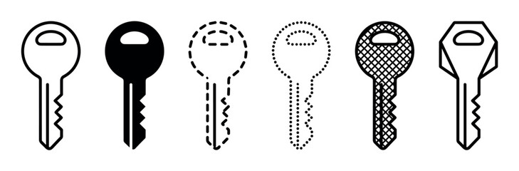 Set of six black key icons presented in various graphic styles including outline, solid silhouette, dashed, dotted, patterned, and geometric for design elements