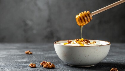 Fototapeta premium Delicious and healthy breakfast bowl with yogurt, walnuts, and a drizzle of golden honey