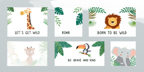 Fototapeta premium Safari animal prints with encouraging messages and tropical foliage