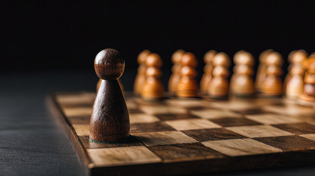 pawn. Chess pawn advanced deep into enemy territory on a wooden board, top-down view. public awareness campaigns, NGO reports, designed for public awareness campaigns and NGO communications.
