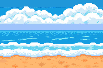 Pixelated landscape depicting a beach ocean and cloudy blue sky © Sanjoy