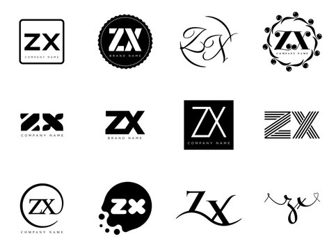 ZX logo company template. Letter z and x logotype. Set different classic serif lettering and modern bold text with design elements. Initial font typography.