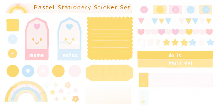 A collection of pastel colored stationery stickers with cute designs