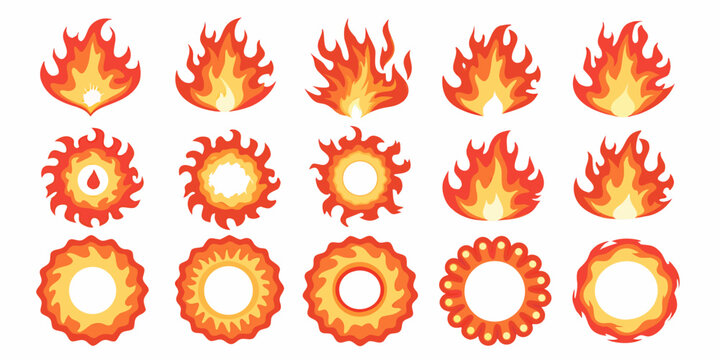 A collection of cartoon fire sprites in various shapes and sizes