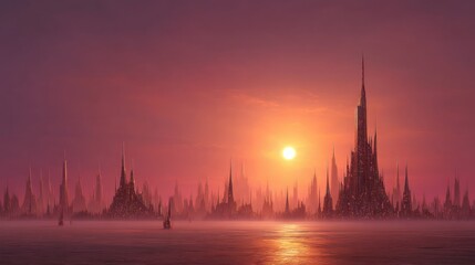 Naklejka premium Serene Sunset Over Futuristic Cityscape with Spires and Water Reflection