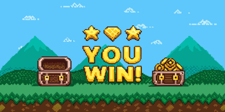Pixel art scene displays a you win message with treasure and mountains
