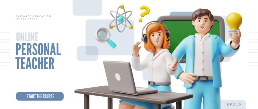 Online personal teacher landing page 3D vector design, cartoon woman and man with laptop schoolkids distance learning