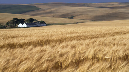 Obraz premium brewery. Golden wheat fields swaying in wind, traditional brewery farmhouse in rural landscape. ESG reports, sustainability campaigns, designed for environmental awareness campaigns. 