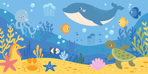 Cartoon underwater scene featuring a whale octopus and various sea creatures © Sanjoy